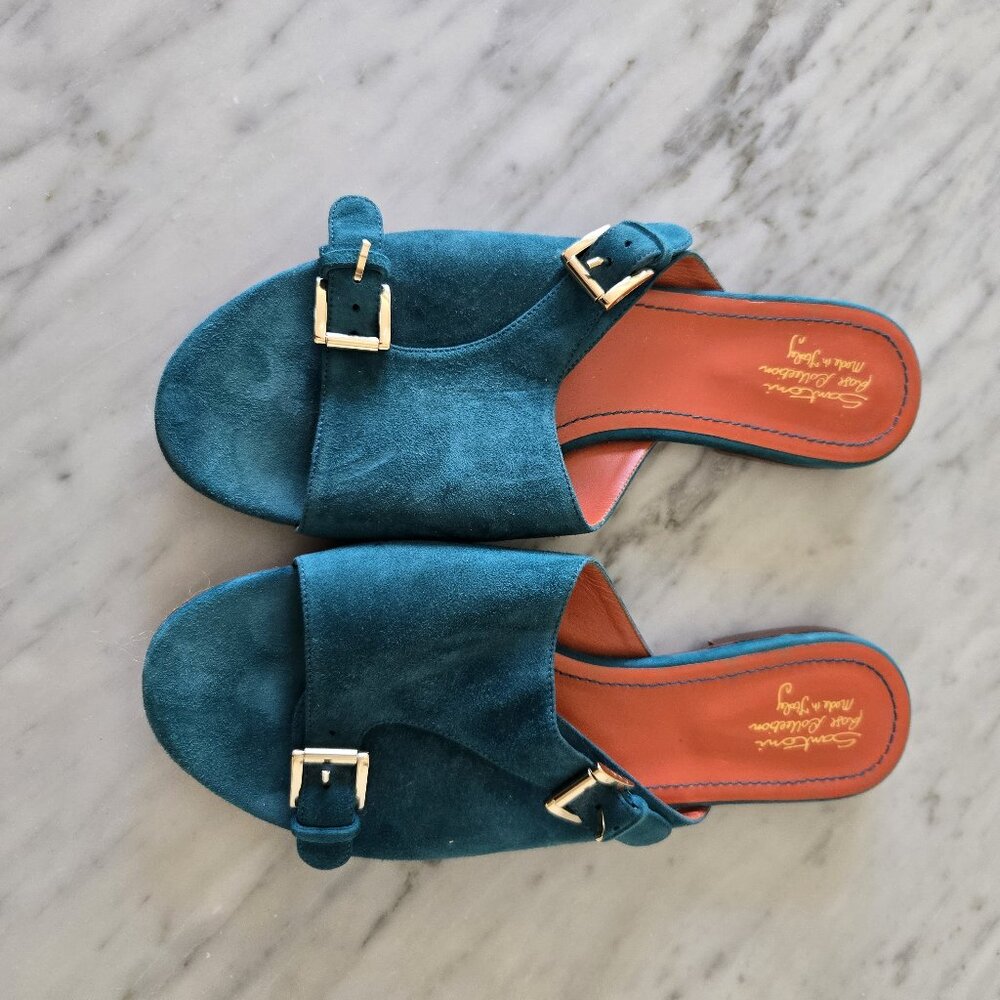 Santorini Rose Collection Suede slide sandal, teal, size EU 40, US 9.5